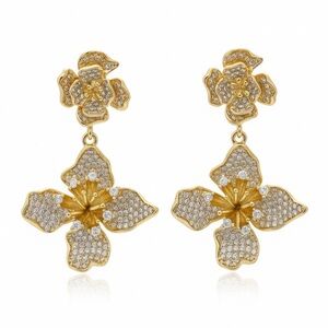 CZ FLORAL DROP DANGLE GOLD EARRINGS